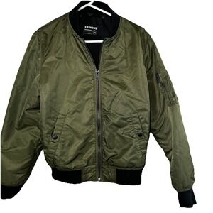 Express Army Green Bomber Style Zip-Up Jacket Women's‎ XSMALL Gold Accents
